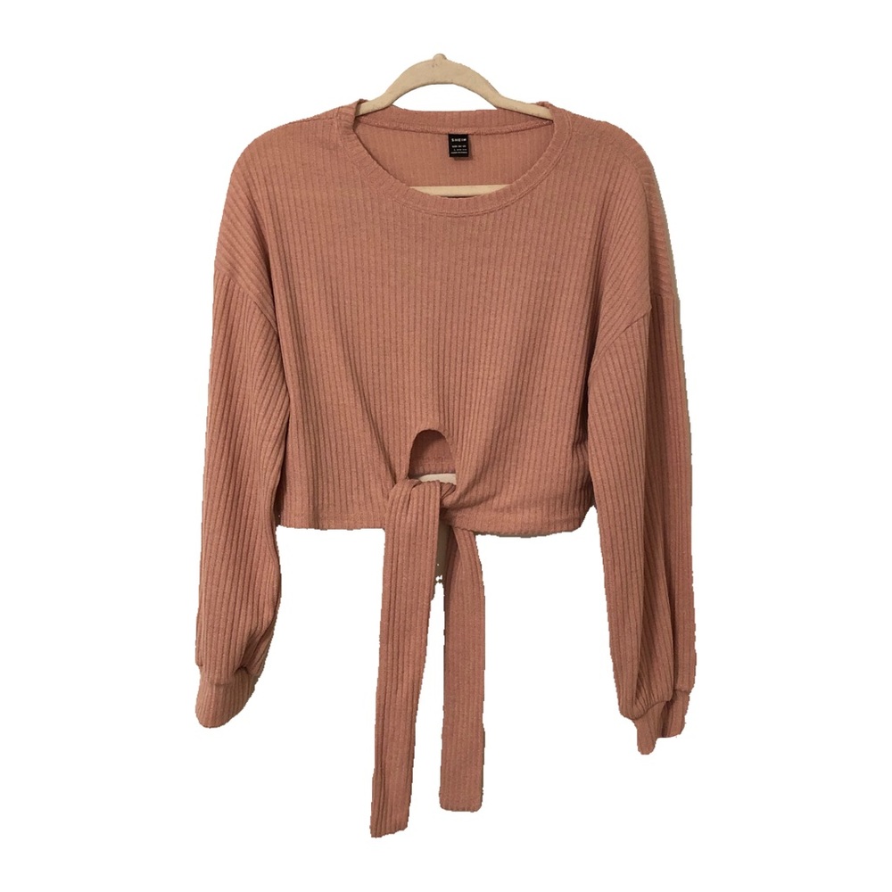 Tie Front Ribbed Light Pink Long Sleeve